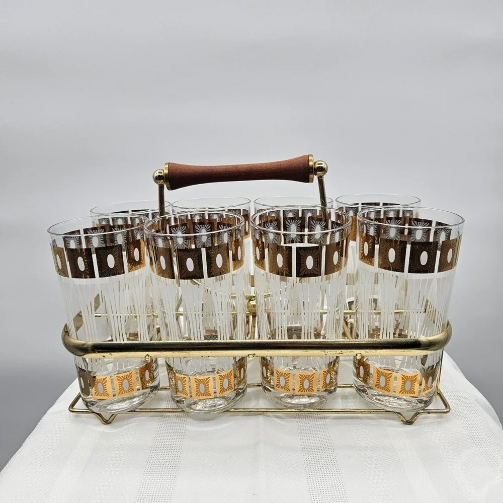 Set of 8 MCM Fred Press Frosted 22Kt Trim High Ball Glasses in‎ a Brass Caddy